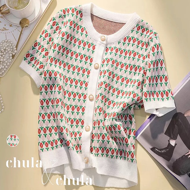 大きいサイズ レディース韓国ファッション Ch0940 トップス カーディガン 半袖 ジャガード クルーネック サマーニット 大きいサイズ韓国 レディースファッション 大きいサイズぽっちゃりオルチャンファッション Chulachula