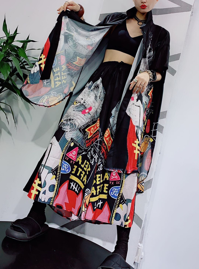 セットアップ イラストプリント 羽織 着物 浴衣 ロングシャツ ワイドパンツ シャツ 総柄 パンツ ロング丈 Dm54 Top Mode