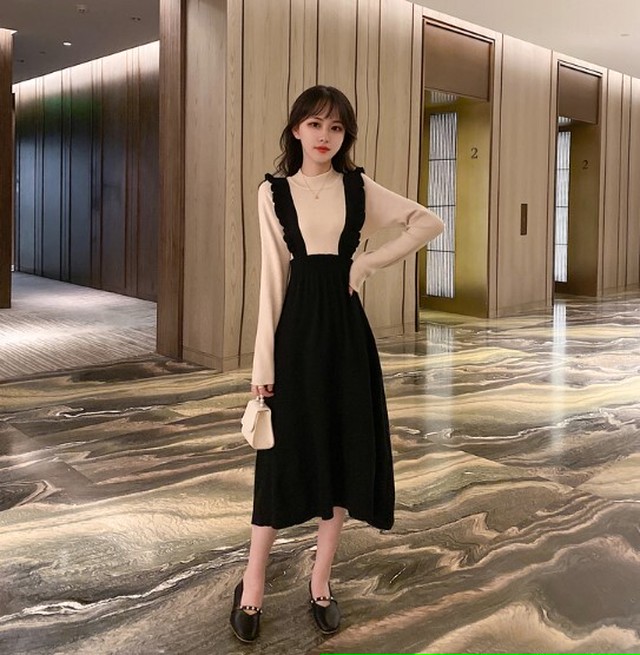 ワンピース オールインワン ジャンパースカート ロング丈 フリルストラップ ハイウエスト 大人可愛い ガーリー シンプル 冬服 春服 新作 韓国 レディース Idear