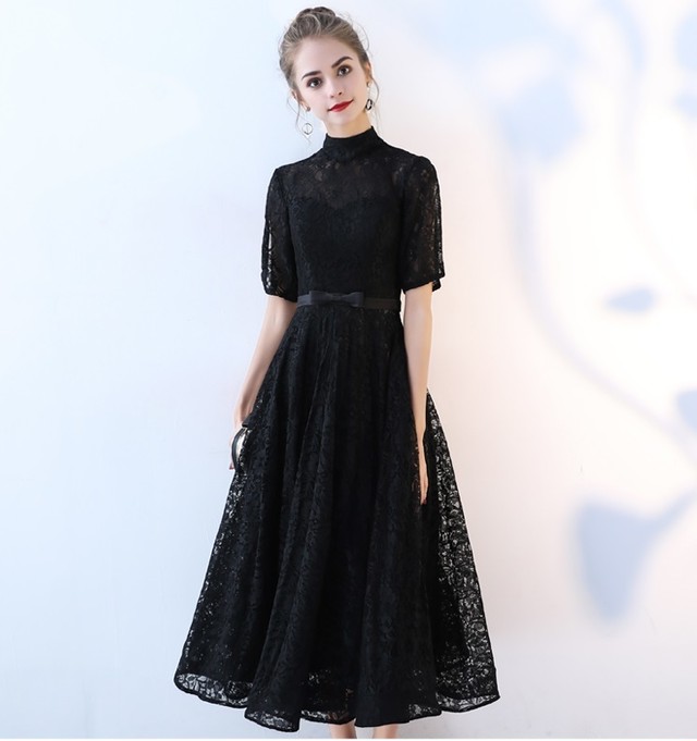 Drsb V0006 黒レース ワンピース パーティードレス ハイネック マキシ丈 ワンピース 結婚式 お呼ばれ 袖あり 結婚式ドレス 代 30代 フォーマル 19新作ドレス Onlythebestオンリーザベスト