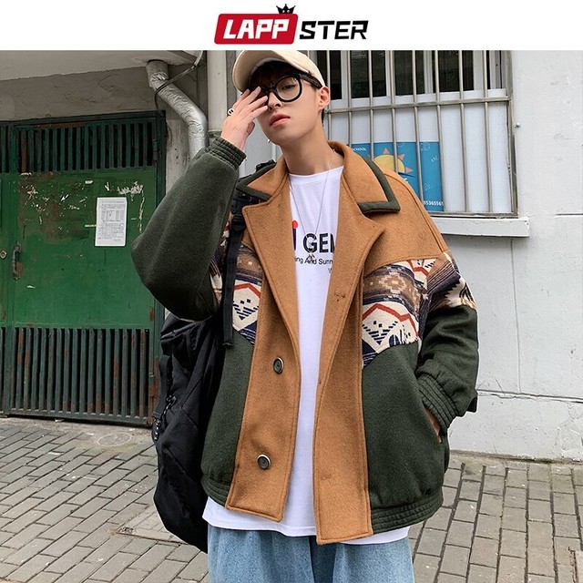 Lappster原宿大ラペル冬コート男性ウールコート男性ストリートパッチワークオーバーコートメンズヴィンテージジャケットコート かわいい ウィンター 冬物 ビンテージ Lappster公式ストア Efect