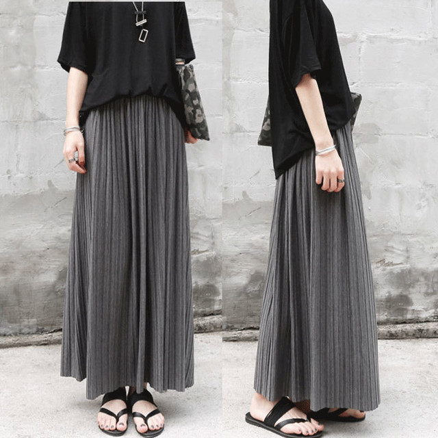 マキシ丈 プリーツ スカート グレー ハイウエスト 美脚 体型カバー ロングスカート シンプル 韓国ファッション レディース Yamazon