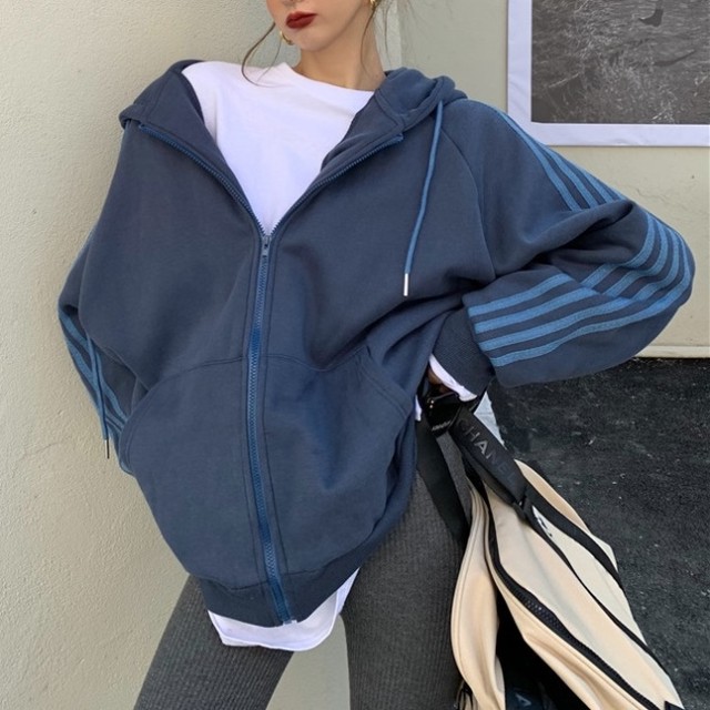 ライン パーカー レディース ビッグシルエット ジップアップ パーカー 韓国 ファッション レディース 春 アウター スポーツカジュアル ビッグサイズ ゆったり オーバーサイズ 春服 レディース フード トップス ストライプ ライン 厚手 裏起毛 Vestito
