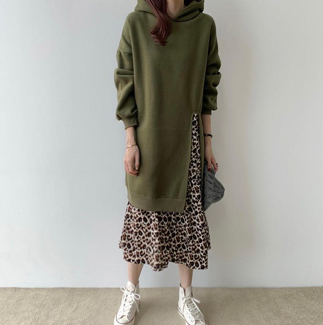 パーカーワンピース ドッキング レオパード フード付き スリット ゆったり カジュアル 大人可愛い 韓国 オルチャン ファッション Cocotown
