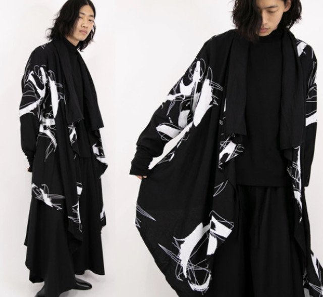 Top Mode 和風 総柄ドレープコート 個性的 モード系 メンズ レディース コート ロング ジャケット 変形 アシンメトリー 和柄 V系 ブラック 黒 モダン 春夏 着痩せ効果 大人カジュアル かっこいい Les9 Top Mode