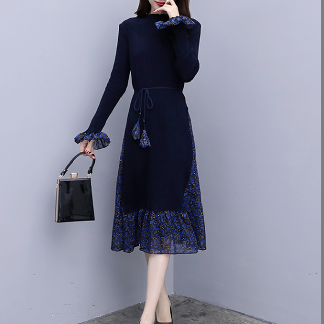 ニットワンピース ロング 春 冬 長袖 ニット レイヤードワンピース ニットドレス 春ワンピース 上品 花柄 ウエストマーク 長袖 入学式 卒業式 ロング丈 赤 黒 青 ボートネック 袖フリル Rx0966 Raxia ラクシア