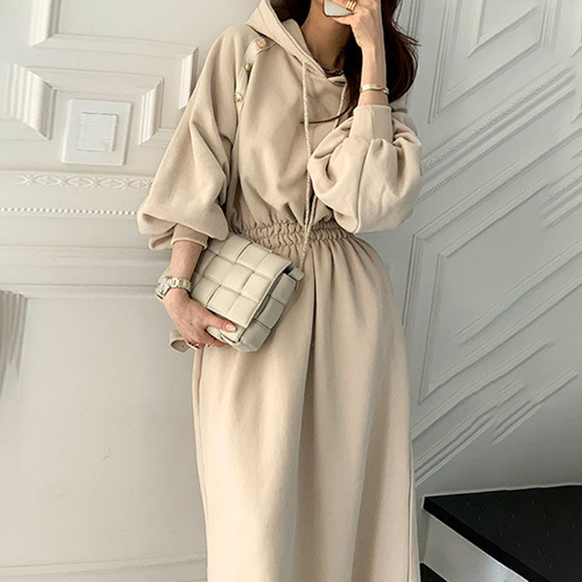 スウェットワンピース ロング フード ウエストゴム スウェットオールインワン ワンピース 春 夏 長袖 ボリューム袖 スポーティー カジュアル 韓国 デイリー 楽ちん ゆったり グレー ベージュ Rx1101 Raxia ラクシア