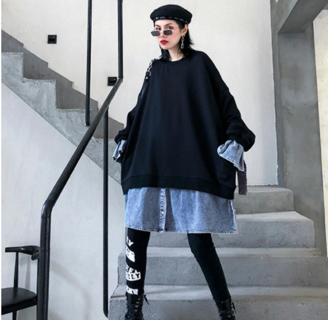 Top Mode ワンピース レイヤードスウェット レイヤード風 スウェットワンピース レディース トレーナー スウェット 長袖 クルーネック デニム 異素材 切替 プルオーバー 秋冬 きれいめ ドッキング 重ね着 バイカラー 配色 モード系 個性的 ゆったり ニッチ ハイ