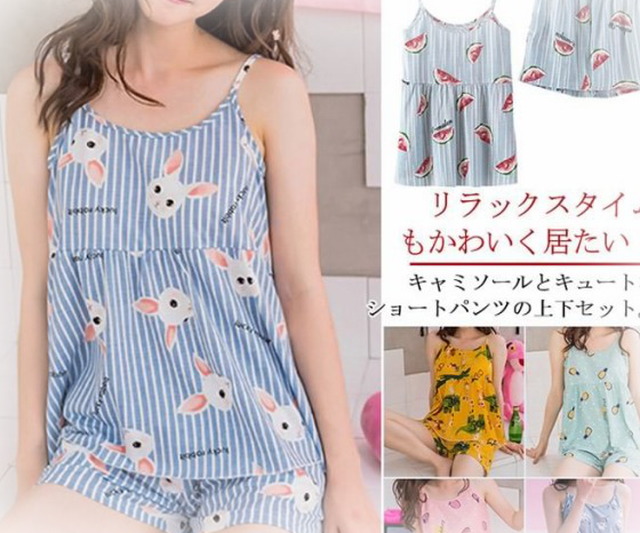 パジャマ 上下2点セット レディース イチゴ柄 スイカ 部屋着 ルームウェア キャミソール ショートパンツ パジャマ Rimfool