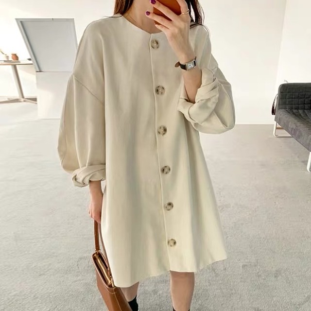 フロントボタンクルーネックワンピースtm0497 Tiam