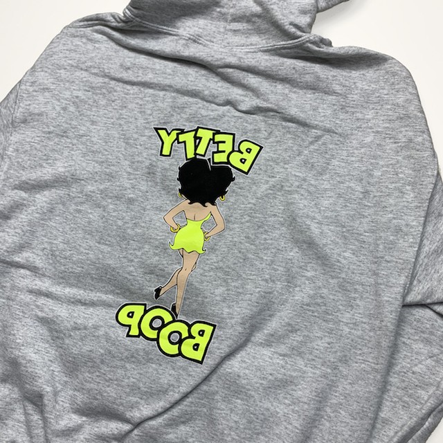 Betty Boop プリントパーカー ネオンイエロー 蛍光 Neon グレー Grey ベティ アメカジ サーフ 西海岸 ストリート M L Xl Velotta