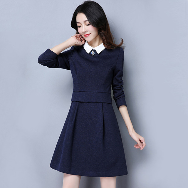 ワンピース 紺 清楚 長袖 膝上スカート 白襟 大きいサイズ 入学式 入園式 0456 Sweet Girl Fashion