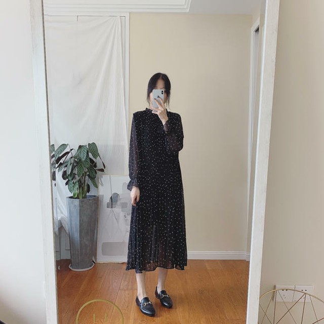 ドット柄ハイネックシースルーワンピース ハイネックワンピース シースルーワンピース 長袖 ロング ミモレ丈 韓国 コーデ ドット かわいい 黒 シースルー シースルーワンピース ネイビー 通販 春 デート 1655 Sayurio レディースアパレル ファッション プチプラ