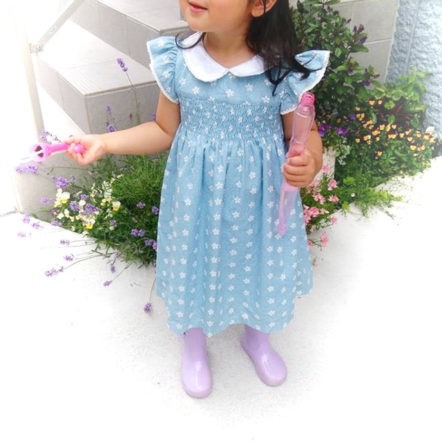 サイズ100在庫 仕立屋コラボ シャーリングワンピース ブルー Heart Spring スモッキングワンピースと可愛い子供服