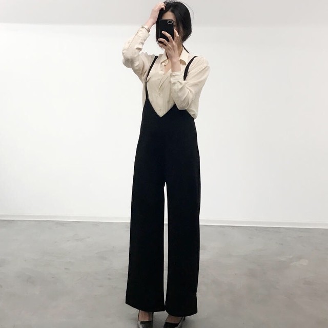 レディース 美スタイル 体型カバー ワイドパンツ ストレート 無地 シンプル 黒 ボトムス Uki Uki
