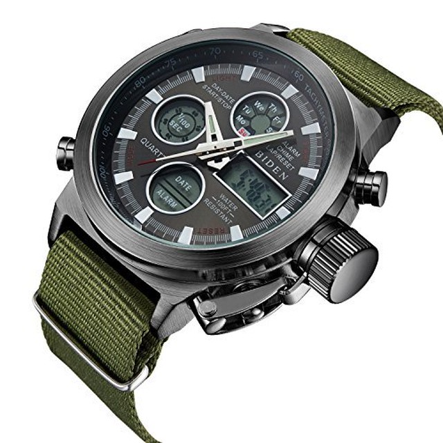 時計 メンズ腕時計デジタルアナログスポーツファッションウォッチ 多機能led日付アラームレザー防水腕時計 グリーン I Shop