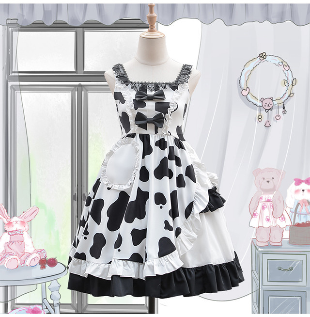 ロリータjk制服 りぼん牛柄ハイウェストワンピースドレス パニエ エプロン メイド 大人ガーリー スウィート キュート カジュアル 春夏秋冬 ゴシック ゴスロリ Sm ワンピース 黒 靴 大きいサイズ タイツ ヘッドドレス スカート バイブル 雑誌 本 タイツ