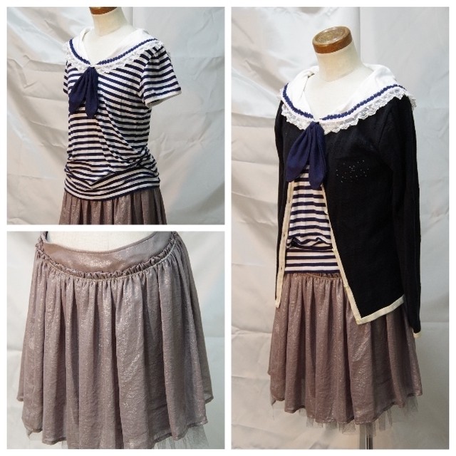 セーラーカラーボーダーカットソー リボン柄カーディガン フレアスカート セット 3 Fake Girl Closet