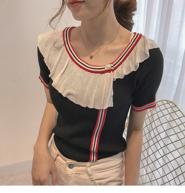 マリンボーダーフリルトップス ボーダートップス ボーダー トップス レディース マリン柄 フリル カジュアル 通勤 半袖 韓国 オルチャン 韓国ファッション 新作 春夏 春 夏 Ut 0693 Musubi Me 韓国 オルチャン レディースファッションのお店