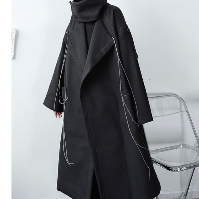 ロングコート ミドル丈 ひざ丈 ルーズ ウール ウィンドブレーカー ステッチ 無地 ポケット オーバーサイズ ブラック 黒 韓国 メンズ カジュアル シック モード 大人カジュアル お支払い後日以内に発送 Out262 Garcons