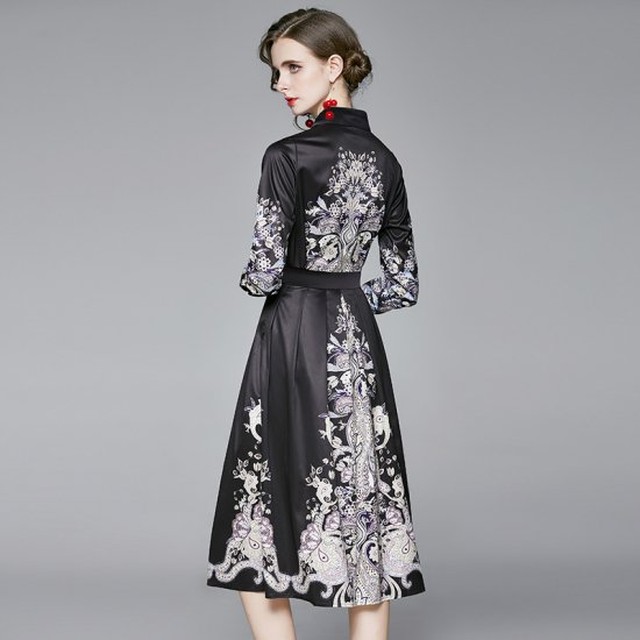 40代のレデースファッション 大きいサイズのレディースワンピース オケージョン ワンピ 秋冬 長袖 サテン生地 膝丈 フレアワンピース 結婚式 パーティー K07 Shopmall To You