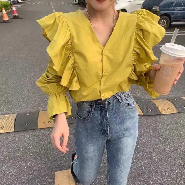4色 肩フリルブラウス フリルブラウス トップス レディース オフィスカジュアル 韓国 かわいい 海外 カジュアル 可愛い きれいめ 着回し 通販 通勤 人気 30代 40代 ブラウス 白 オフィス 春ブラウス 秋ブラウス オフィスカジュアル リモートワークコーデ 在宅ワーク