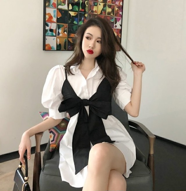 レイヤード シャツワンピース 夏服 レディース ビスチェ ブラウス ワンピ 韓国 ファッション レディース リボン ミニワンピース ベスト セットアップ レディース アンサンブル キャミ レイヤード トップス チュニック ワンピース ミニ Vestito