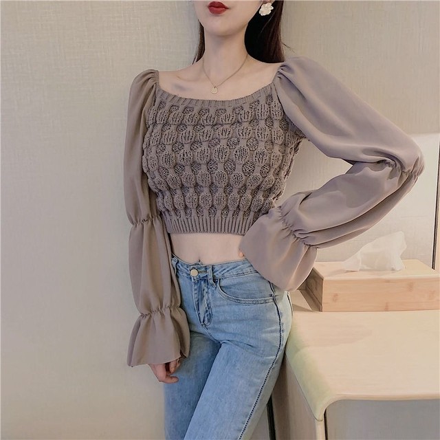 Tops フリル袖ニット切り替えトップス Beautymestyle