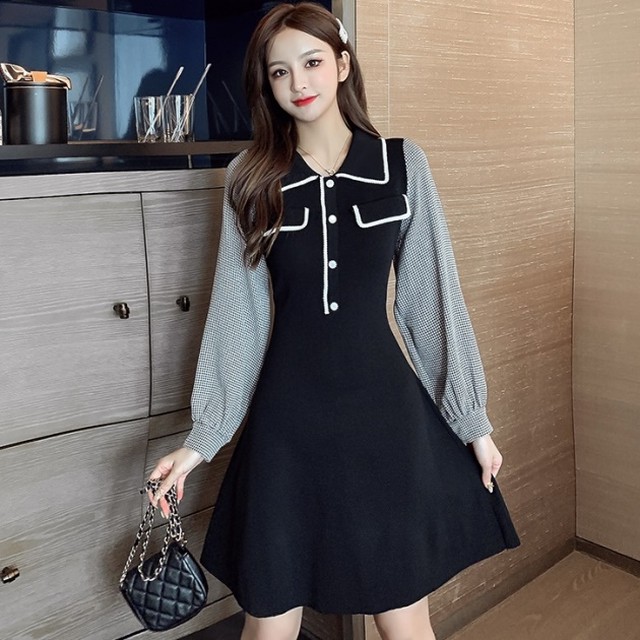 ワンピース 清楚 韓国 ファッション レディース 秋冬 フレアワンピース ショート 切り替え ワンピ ボリューム袖 チェック 大人かわいい ミニワンピース 冬服 レディース お出かけ ワンピ Vestito