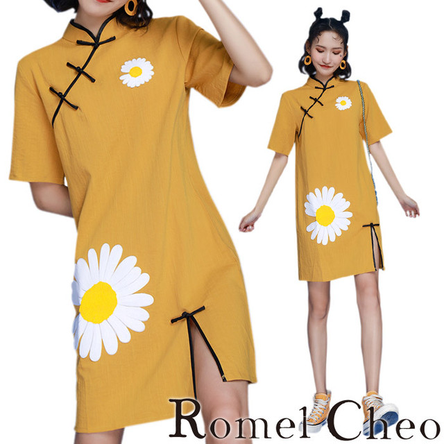 お支払い確認後日以内発送 Romelcheo 和色花柄チャイナミニワンピース チャイナワンピ チャイナドレス チャイナミニドレス チャイナボタン 半袖 Aライン ゆったり スリット ミニ丈 アジアン エスニック 民族風 原宿系 青文字系 ゆめかわ ロリータ レディース モード系