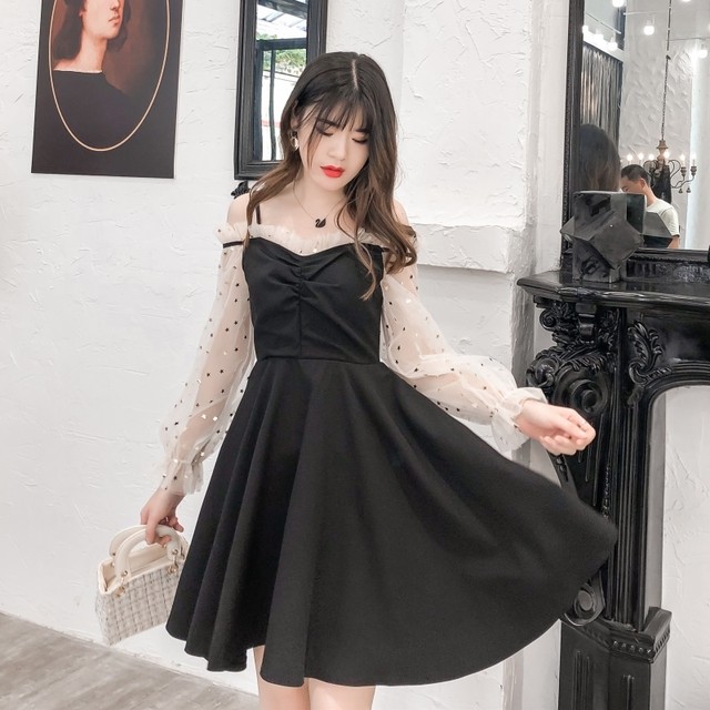 ドレス ワンピース ミニ丈 長袖 フリル袖 無地 Aライン オフショルダー 透け感 袖あり 大人可愛い 春夏 お呼ばれ 発表会 ドレスワンピ ブラック Fsk0613 Alice Mode