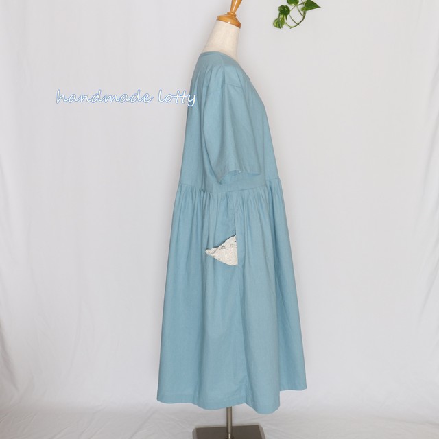 ざっくりレトロなワンピース ハーフリネン ブルーグリーン C19 天然素材手作りおとな服 Handmade Lotty ハンドメイド ロッティ