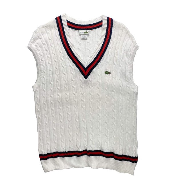 80s フランス製 ヴィンテージ Chemise Lacoste フレンチラコステ ケーブル編み コットン チルデンニットベスト メンズl C1142 古着屋icecream