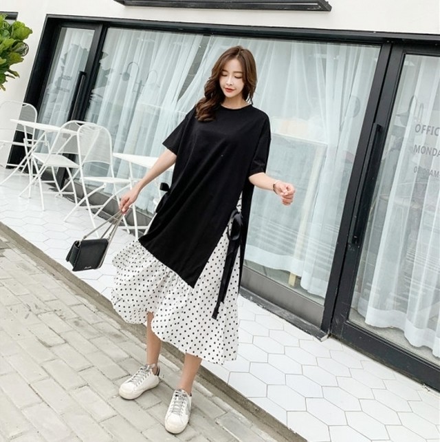 ワンピース ロングワンピース ロングワンピ フレアワンピース 大きいサイズ 異素材mix ワンピース ロング丈 夏 秋 秋服 秋新作 秋物 ワンピース ロングワンピース Leaflower 001 リーフラワー レディースファッション専門店