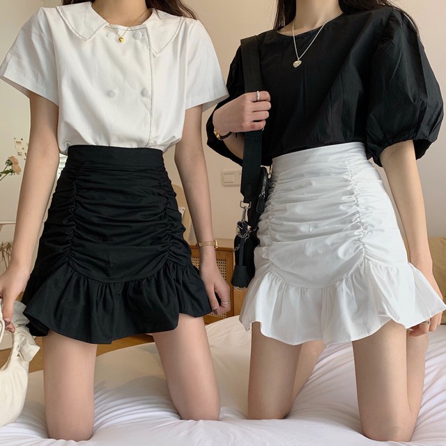 マーメードミニスカート ハイウエスト スカート マーメード型 ギャザー 可愛い 双子コーデ モノクロ デート パーティー 二次会 Sunrise0911
