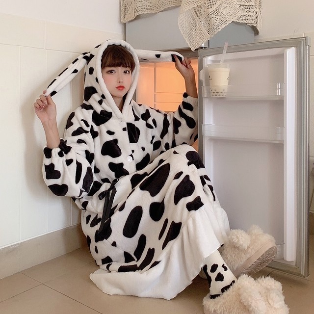 うし柄 ルームウェア レディース もこもこ かわいい 秋 冬 パジャマ 寝巻き 部屋着 ホームウェア ワンピース ガウン モコモコ 前開き お揃い フード付き 暖かい コスプレ A1626 Select Shop E Bellissimo