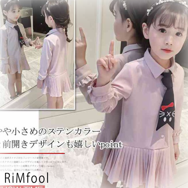 猫柄ネクタイ付きワンピース 子ども服 ワンピース キッズワンピース 子供服 ショート丈 プリーツワンピース 女の子ワンピース 長 Rimfool