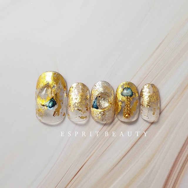 No 54 クリアネイル ホイルネイル 天然石 シェル ゴールド お正月 成人式ネイル ニュアンスネイル ネイルチップ Esprit Beauty ネイルチップ販売