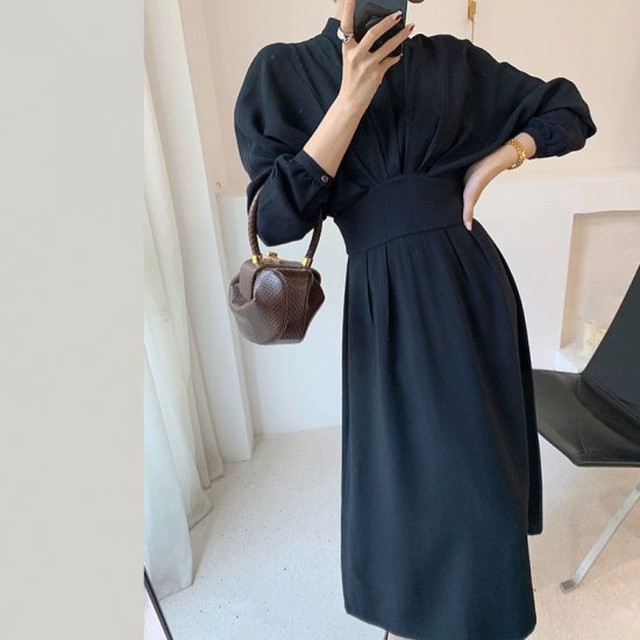 シャツワンピース ピンタック 長袖 パフスリーブ 秋冬ワンピース ランタンスリーブ ウエストマーク レディース 長袖 ロング Aライン ハイネック ハイウエスト 上品 Rx0798 Raxia ラクシア