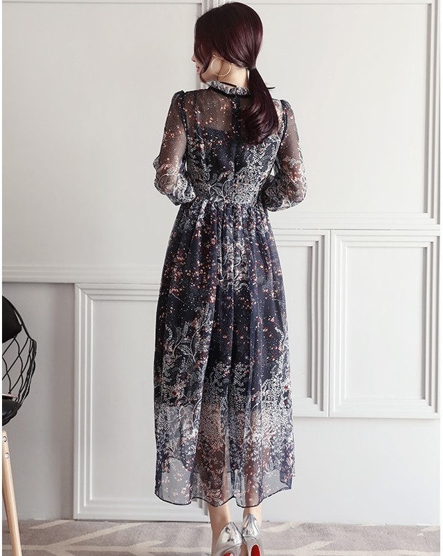 Drsb V0038 マキシ丈 ワンピース 花柄 シフォン ワンピース 長袖 結婚式 ドレス お呼ばれ ワンピース 袖あり パーティードレス 二次会 代 黒 19新作ドレス Onlythebestオンリーザベスト