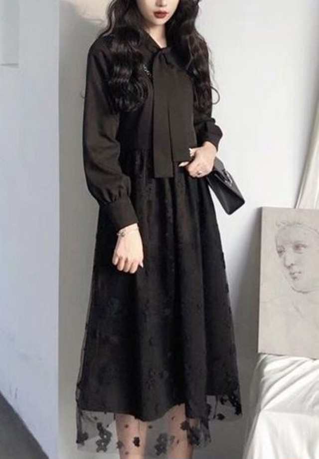 ロングワンピース 大きいサイズ 黒ワンピースドレス シャツワンピース 春 マキシ丈 ワンピ レース 長袖 リボン Jm3031 Dress No Sato