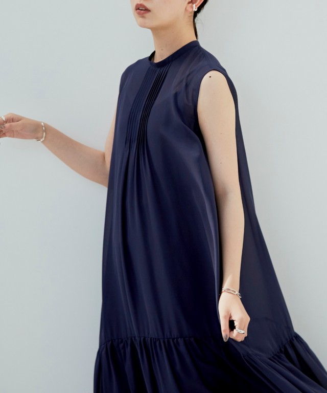 ノースリーブピンタックシアーマキシワンピース Nvy Aunt Marie S