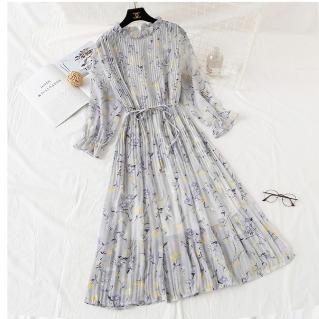 シフォン ワンピース 長袖 ロングワンピース ヴィンテージ 花柄 プリーツシフォン ドレス 長袖 レトロ ガーリー Basecamp49