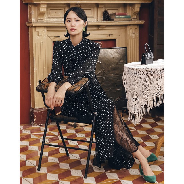 ワンピース 水玉 ロングワンピース ドレス マキシ丈 ロング丈 リトルブラック フレア シンプル 長袖 大人 レディース Luciole