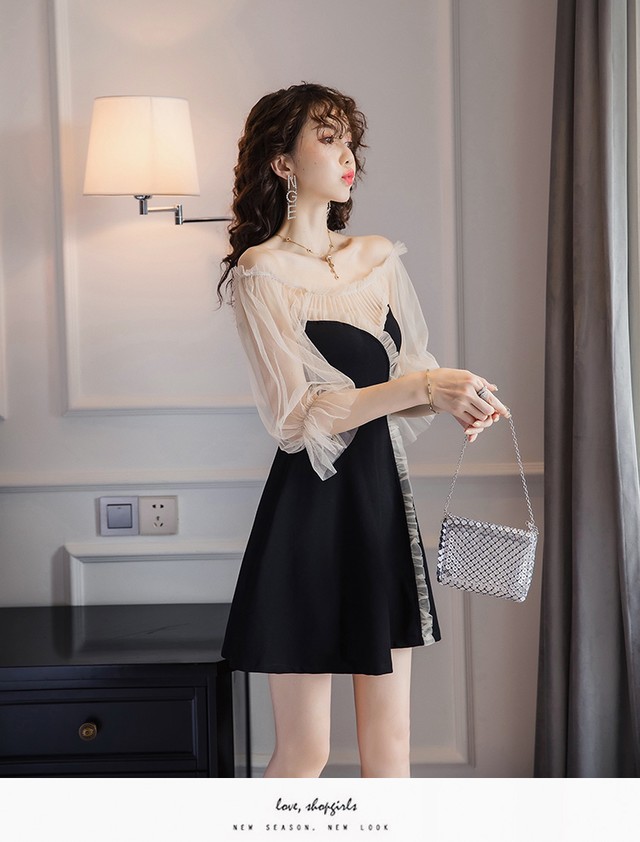 ワンピース きれいめ ミニ丈 ショート丈 七分袖 シースルー 透け感 ミニワンピース フェミニン ガーリー ピンク イエロー フレア ａライン Evergreen