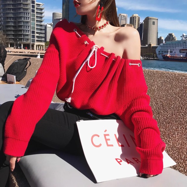 【即納】off shoulder ribbon knit