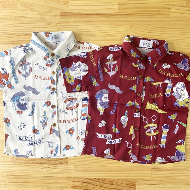 イロカライフオリジナル南国BARBER柄のキッズアロハシャツ