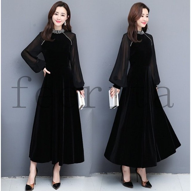 ロングドレス ミモレ丈 長袖 ベルベット ベロア ワンピース 長袖 42 Lagy 韓国ファッション レディース メンズ 通販のお店