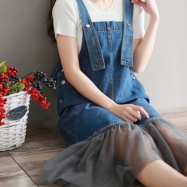 裾チュールデニムサロペットワンピース Kangaruu