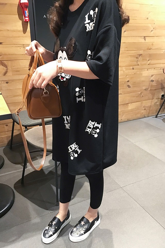 ミッキー ディズニー ロング Tシャツ Tシャツワンピ オーバーサイズ 大きめ 黒 ブラック スパンコール 大きいサイズ お揃い ペアルック かわいい韓国 韓国ファッション オルチャン オルチャンファッション P099 Korean Select 韓国ファッション オルチャンファッション